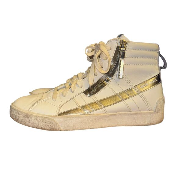 Diesel D-String Plush High Top Sneaker Women's 8.5 White Silver Leather Side Zip - Picture 1 of 10